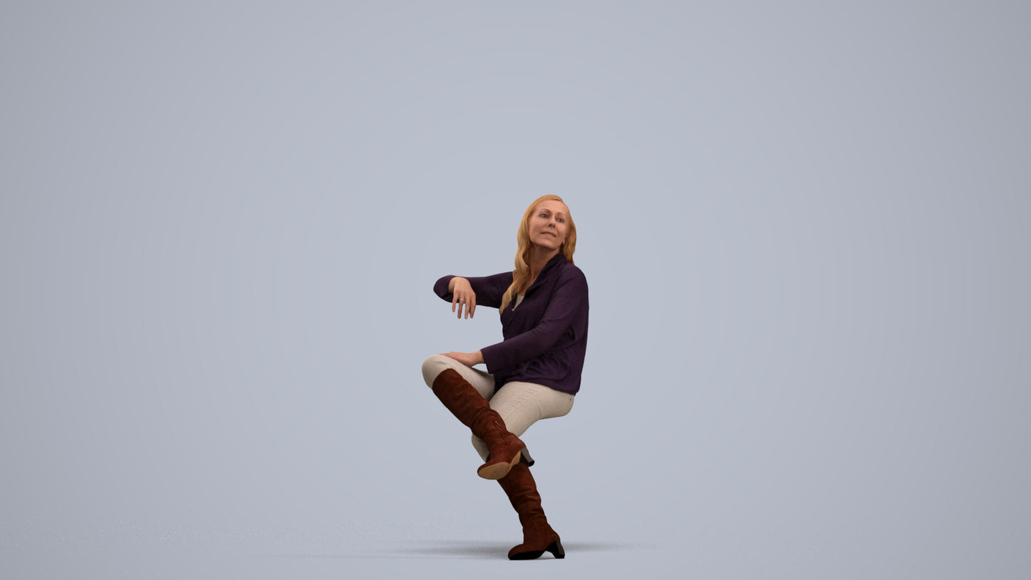 3D human model woman casual sitting, photogrammetry scanned person for archviz, standing pose render