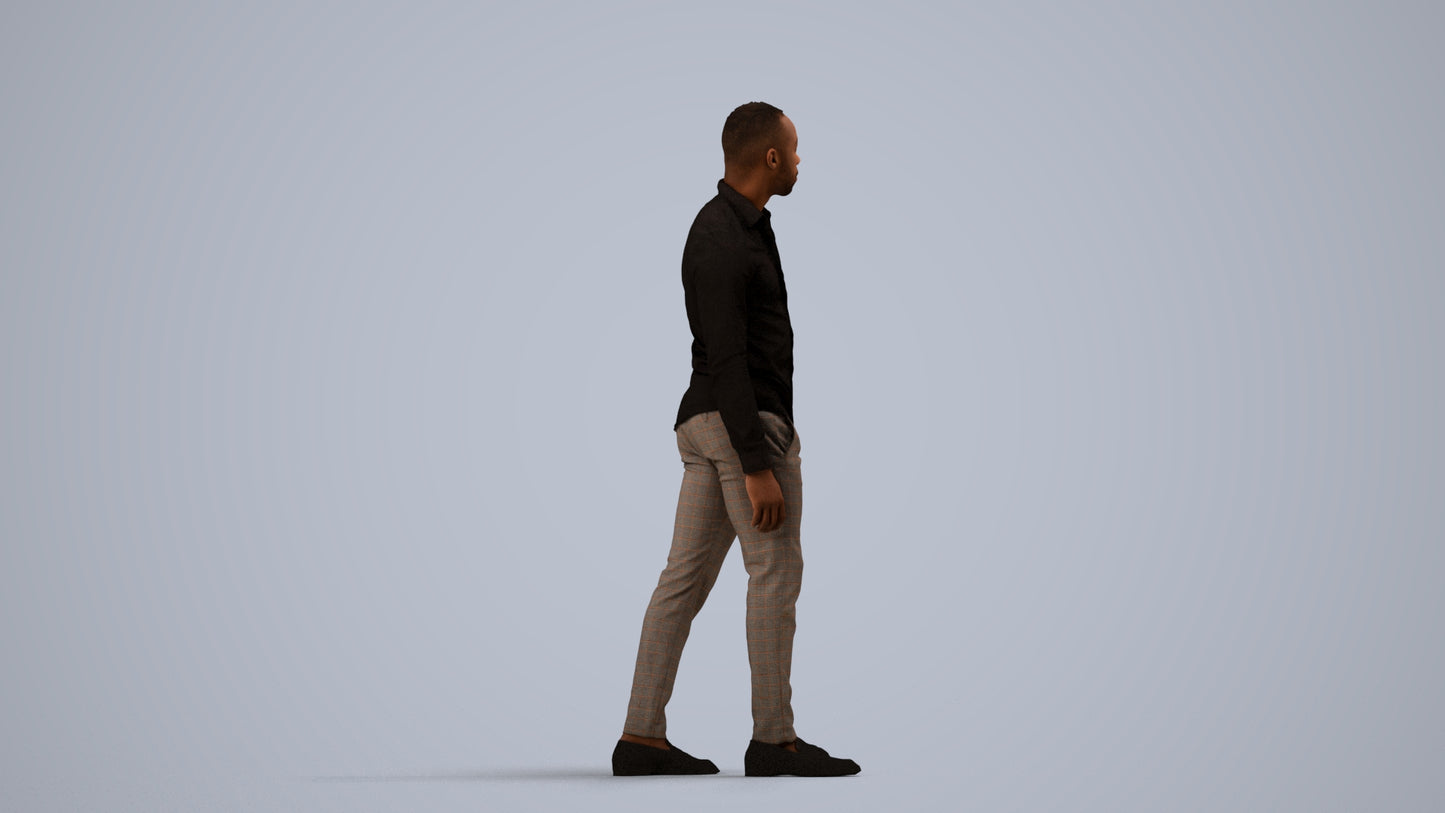 photogrammetry 3D man business walking, realistic human model archviz FBX, side view render