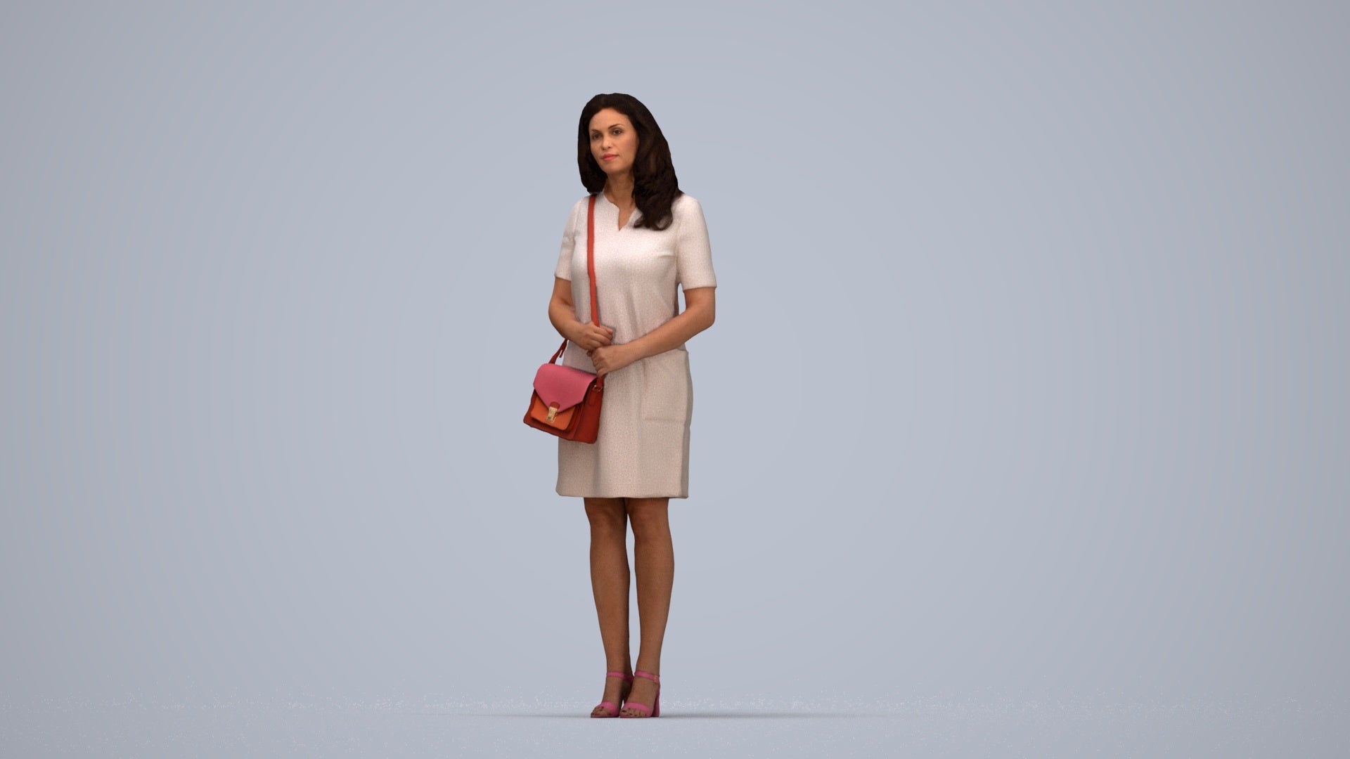 realistic 3D woman business standing, scanned archviz people for Blender and 3ds Max, top-down view render