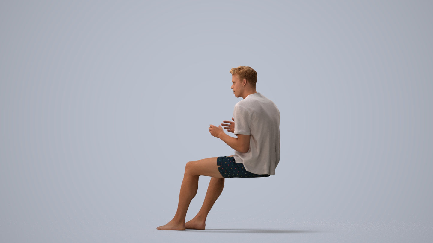 3D scanned man sitting casual, photorealistic archviz people for Enscape and SketchUp, three-quarter view render