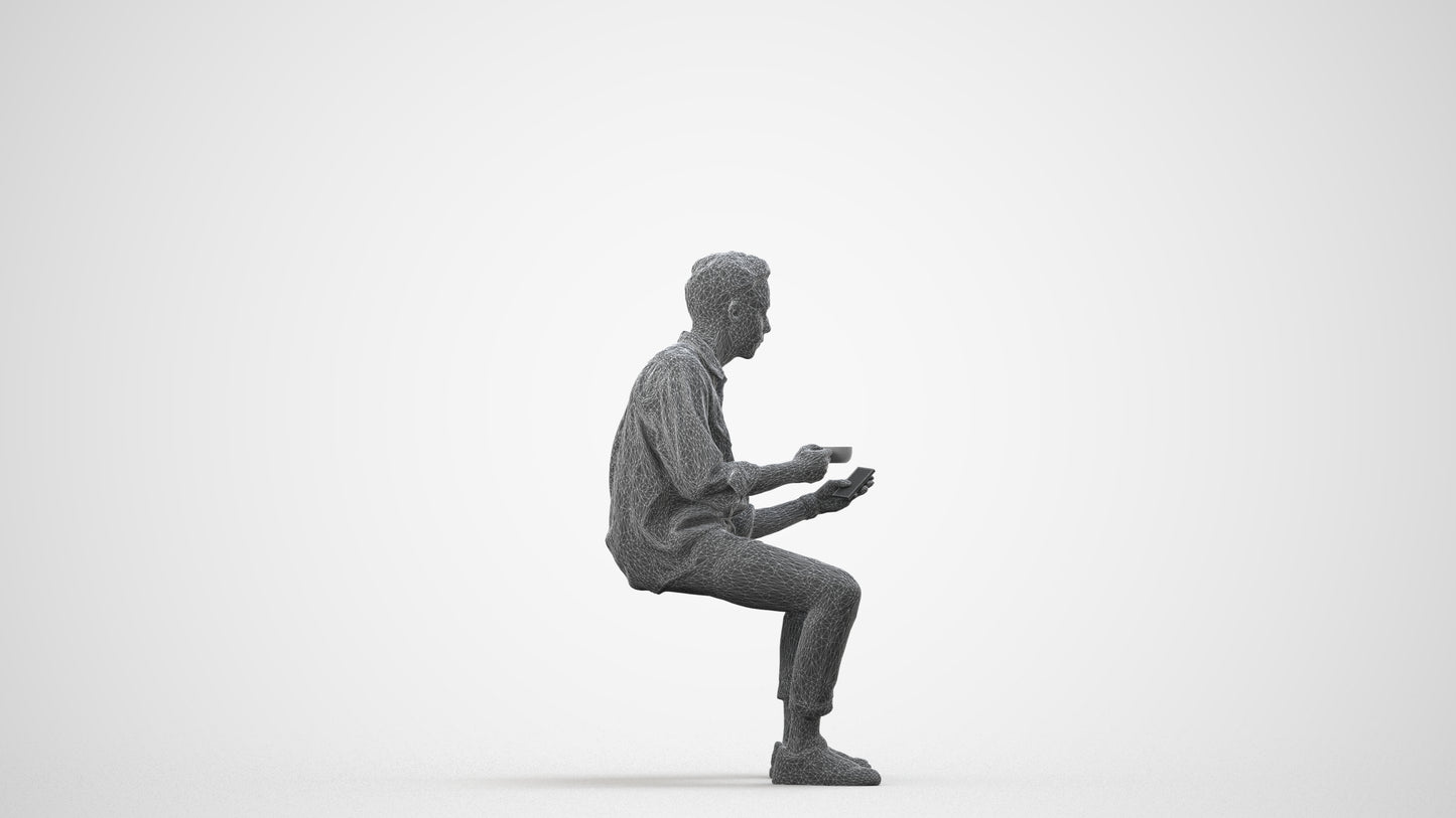 3D human model man casual sitting, photogrammetry scanned person for archviz, wireframe side view