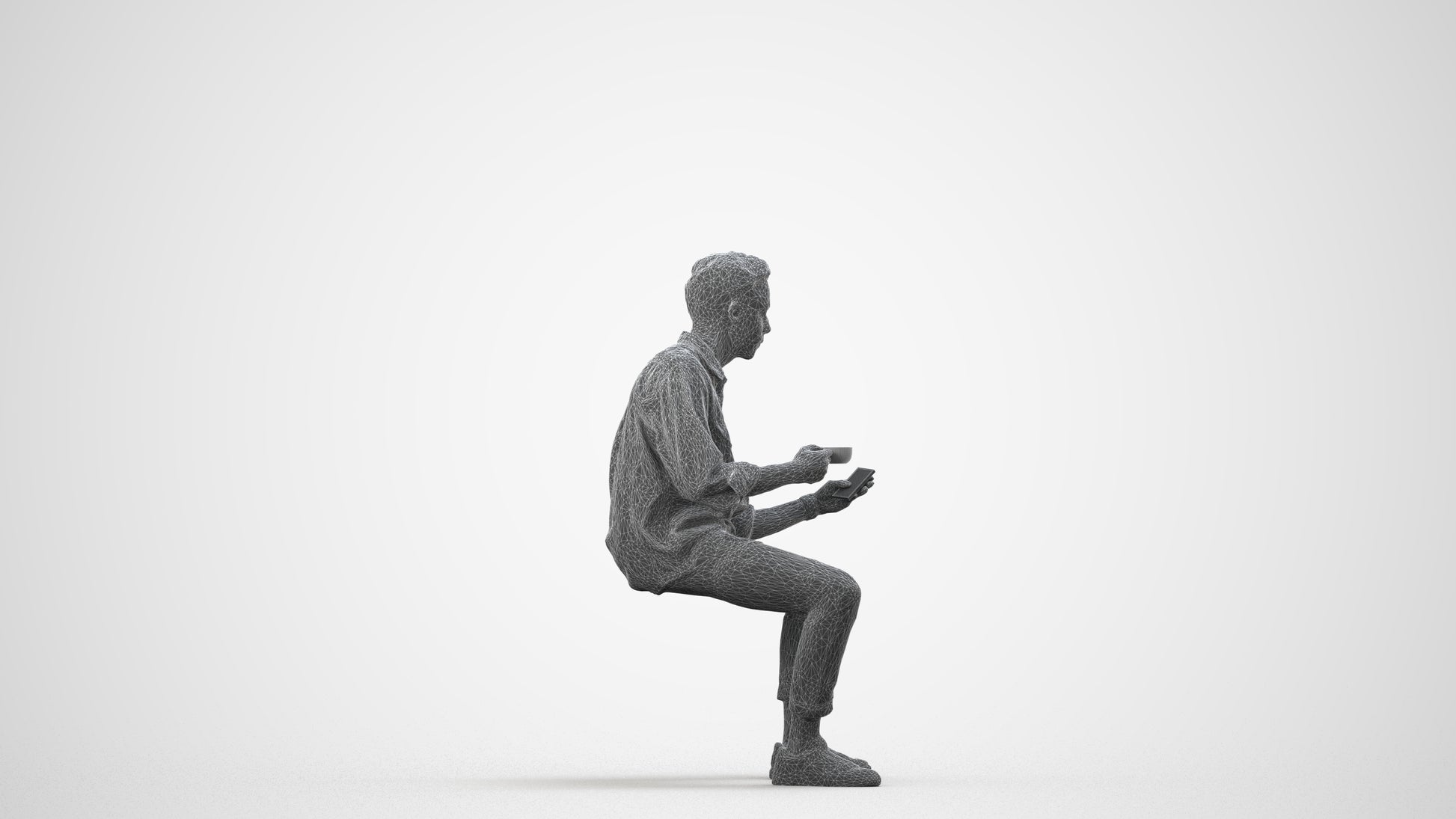 3D human model man casual sitting, photogrammetry scanned person for archviz, wireframe side view