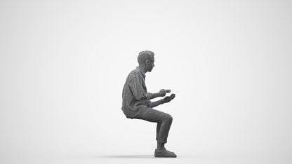 3D human model man casual sitting, photogrammetry scanned person for archviz, wireframe side view