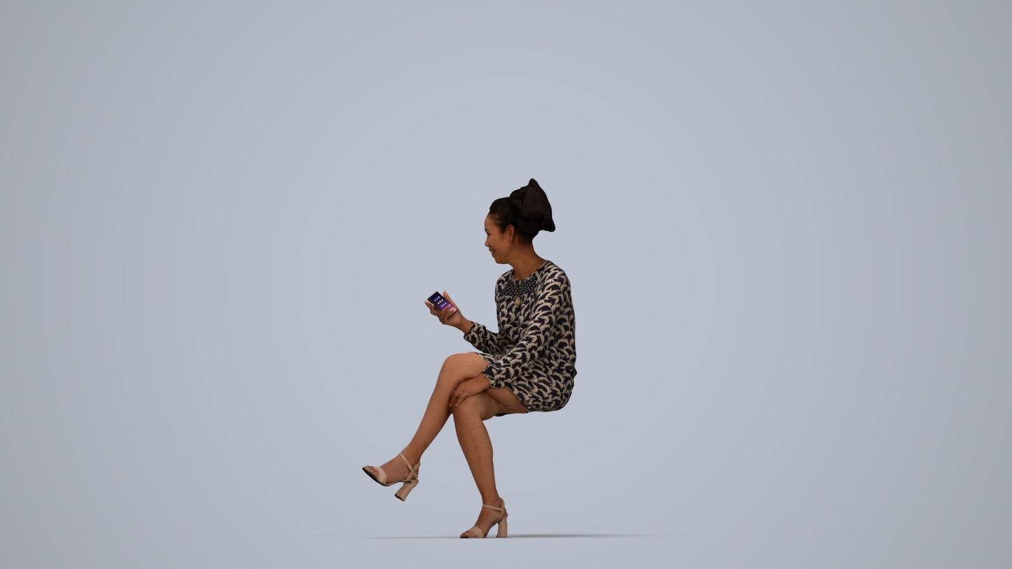 3D scanned woman sitting casual, photorealistic archviz people for Enscape and SketchUp, top-down view render
