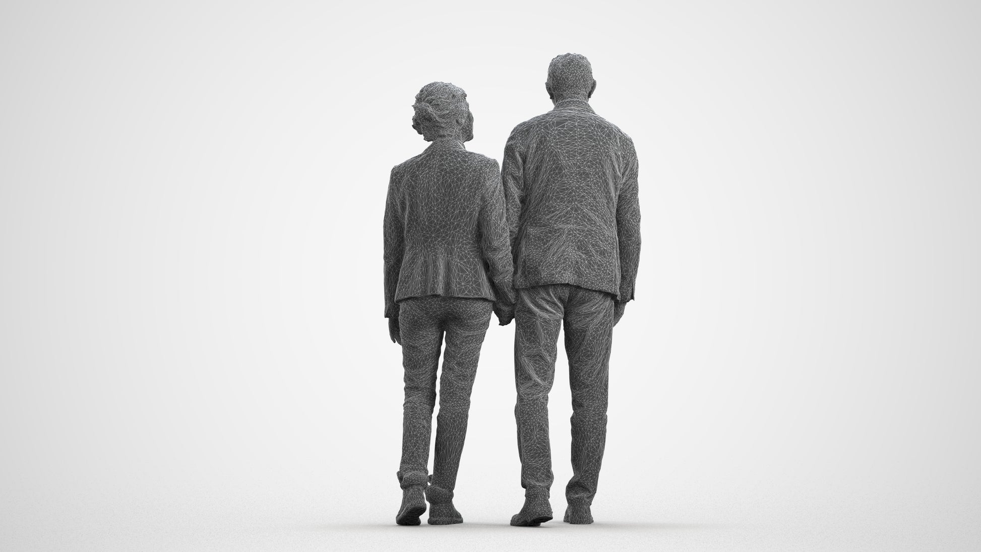 3D people model senior woman casual couple, scanned human for 3ds Max rendering, wireframe front view