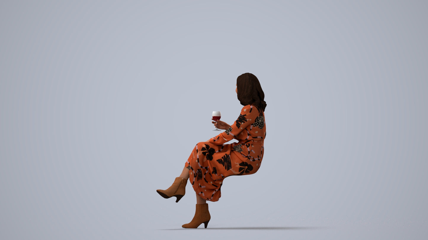 photogrammetry 3D woman casual sitting, realistic human model archviz FBX, three-quarter view render