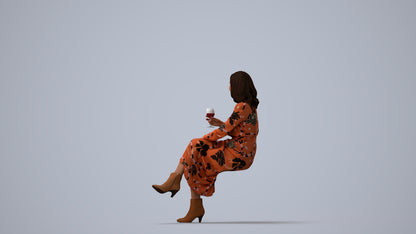 photogrammetry 3D woman casual sitting, realistic human model archviz FBX, three-quarter view render