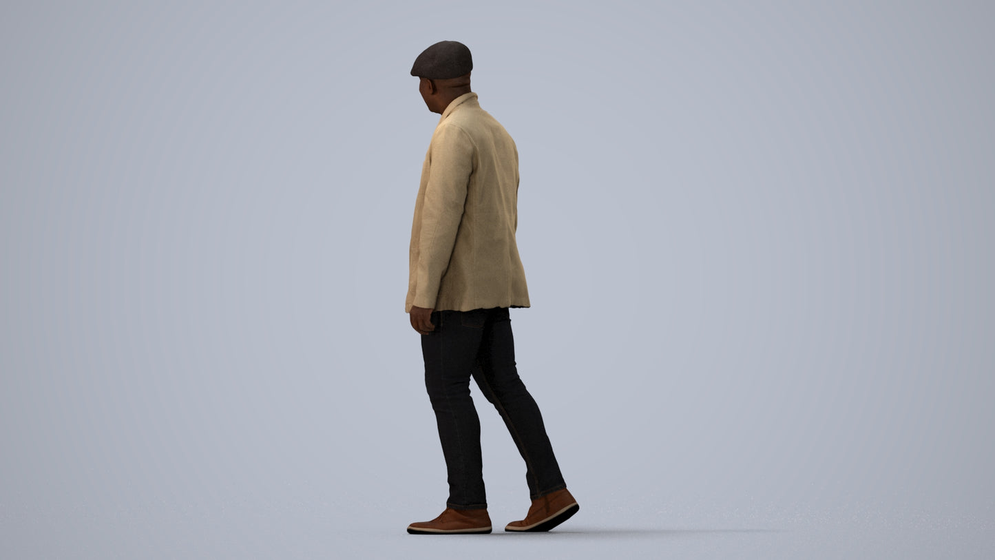 photogrammetry 3D man casual walking, realistic human model archviz FBX, three-quarter view render