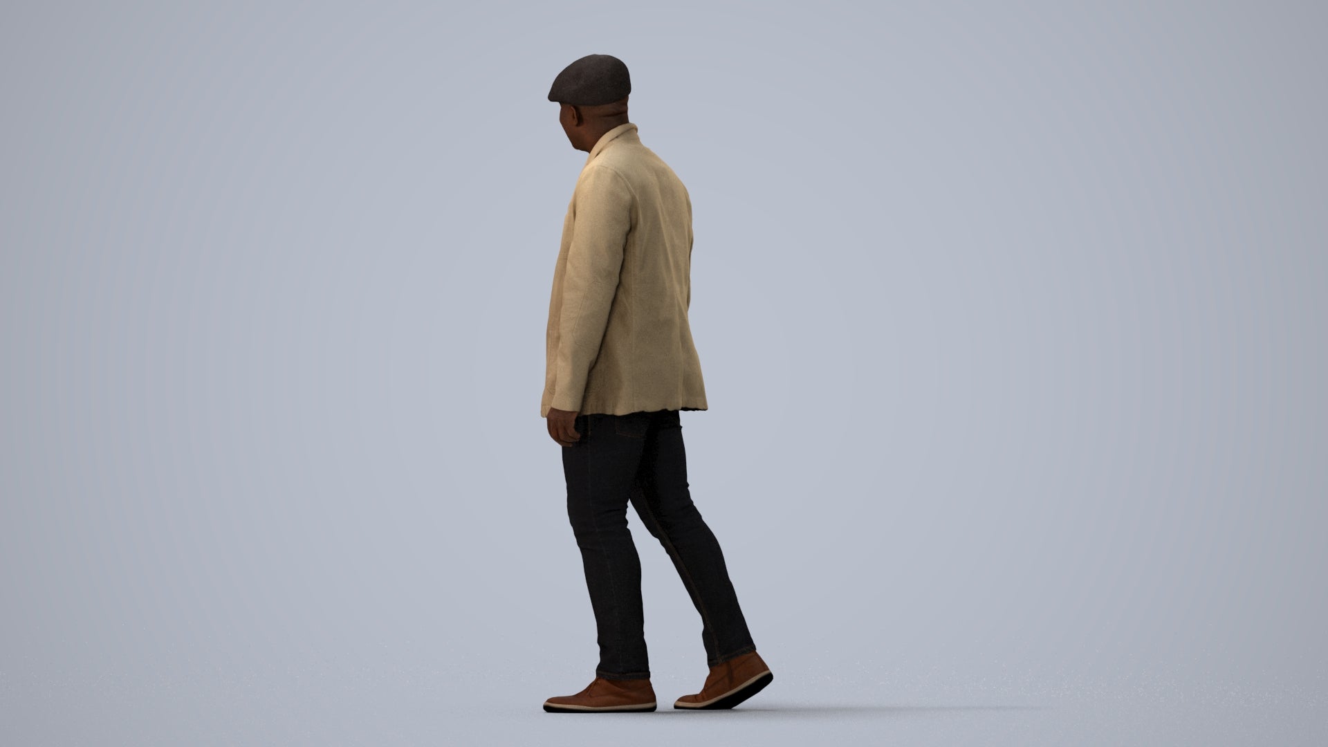 photogrammetry 3D man casual walking, realistic human model archviz FBX, three-quarter view render