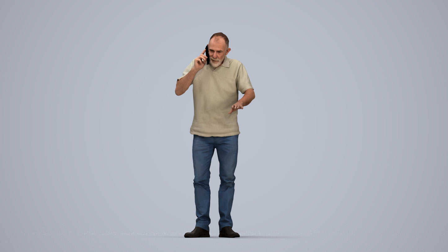 realistic 3D people senior man casual standing, render-ready for V-Ray and Corona, FBX OBJ, top-down view render