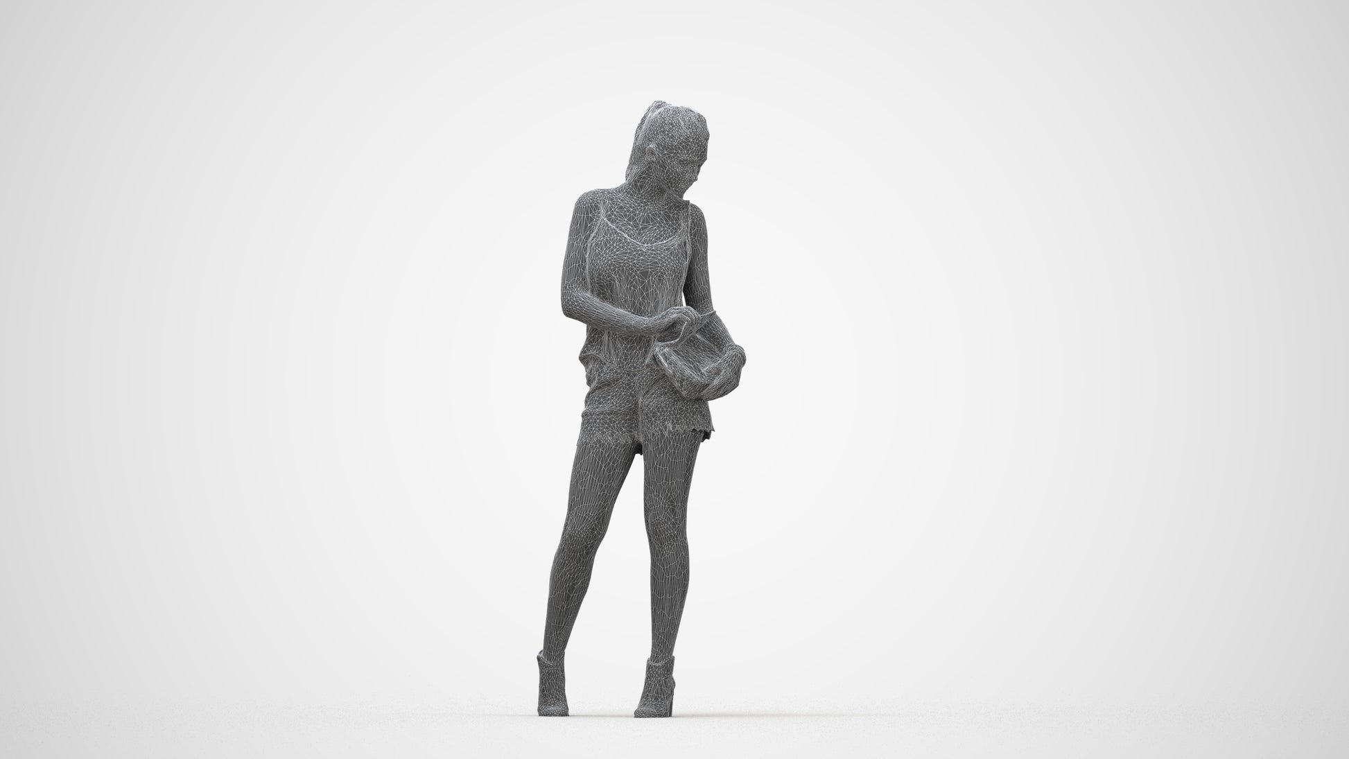 3D people model girl casual standing, scanned human for 3ds Max rendering, wireframe back view