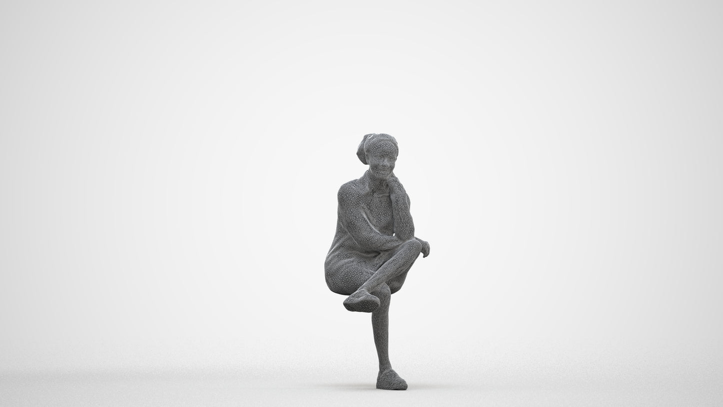 realistic 3D human woman casual sitting, archviz people FBX OBJ for Blender, three-quarter front view render