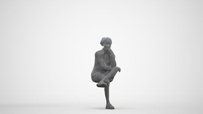 realistic 3D human woman casual sitting, archviz people FBX OBJ for Blender, three-quarter front view render