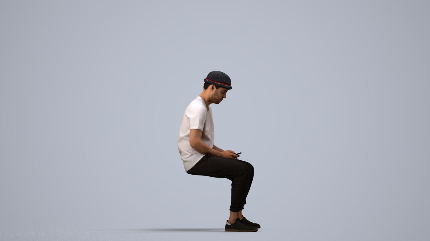 realistic 3D people man casual sitting, render-ready for V-Ray and Corona, FBX OBJ, side view render
