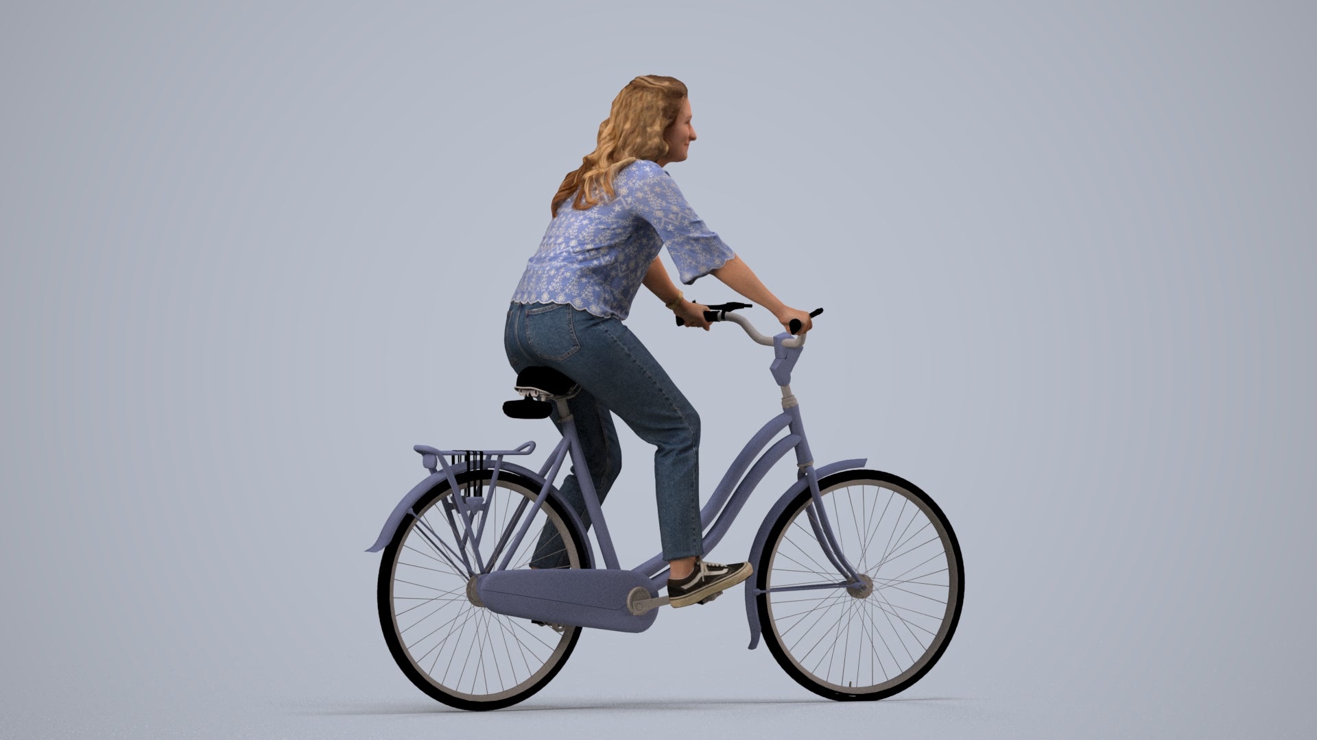 scanned 3D woman casual cycling, photogrammetry people for Enscape and V-Ray, side view render