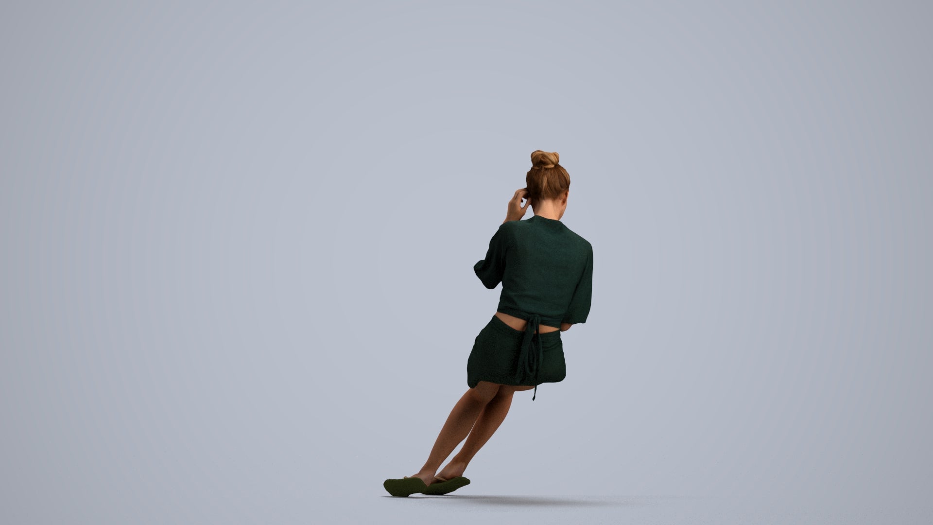 3D human model woman casual sitting, photogrammetry scanned person for archviz, front view render