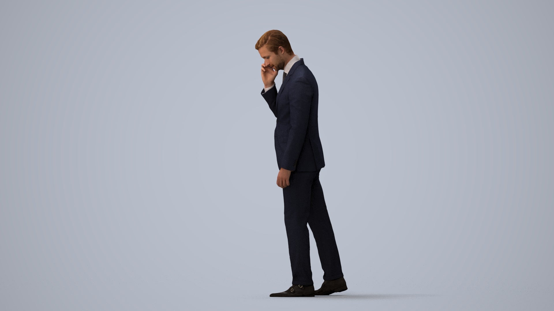 3D human model man business, photogrammetry scanned person for archviz, three-quarter view render