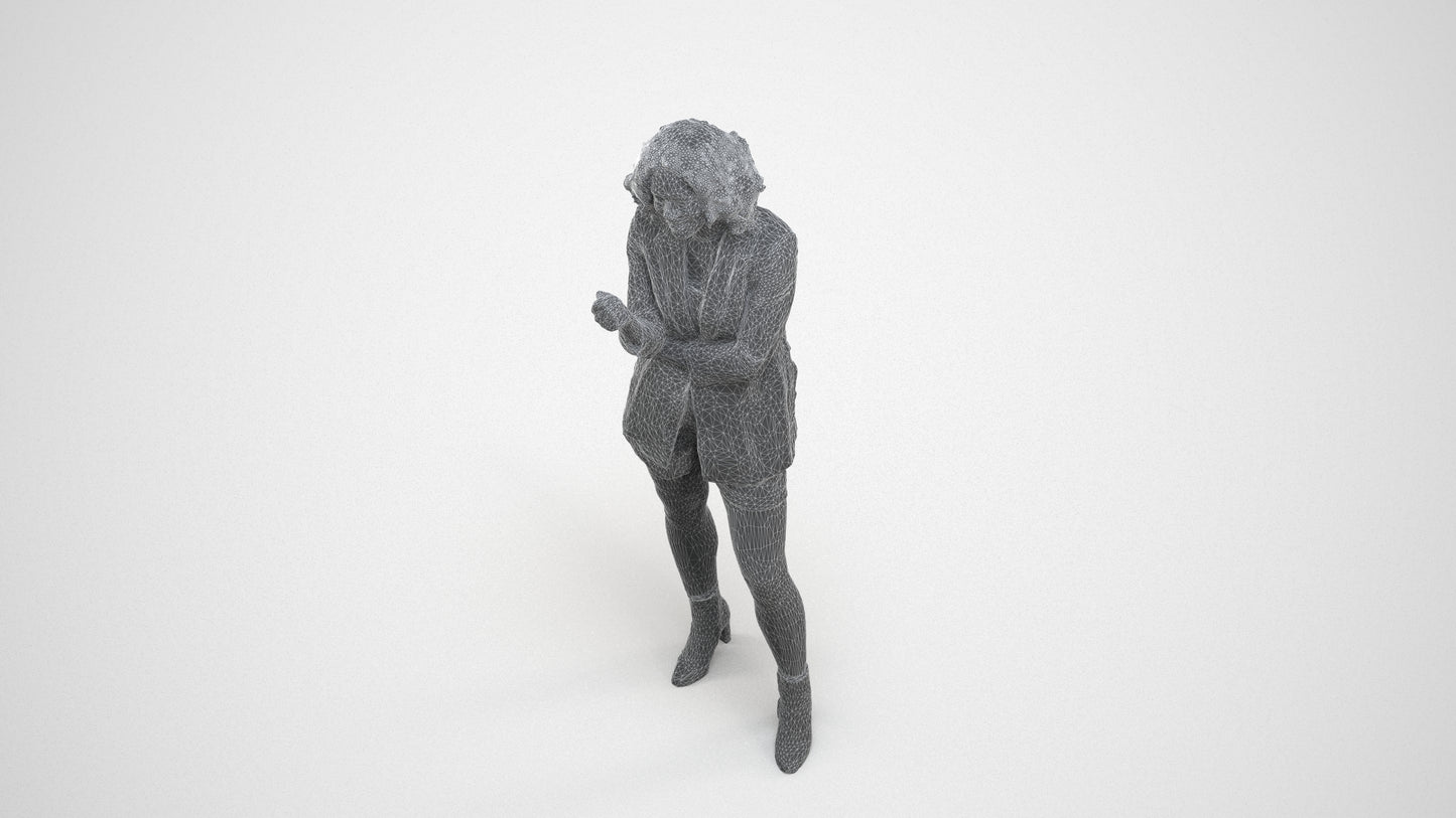 scanned 3D woman business standing, photogrammetry people for Enscape and V-Ray, wireframe three-quarter view