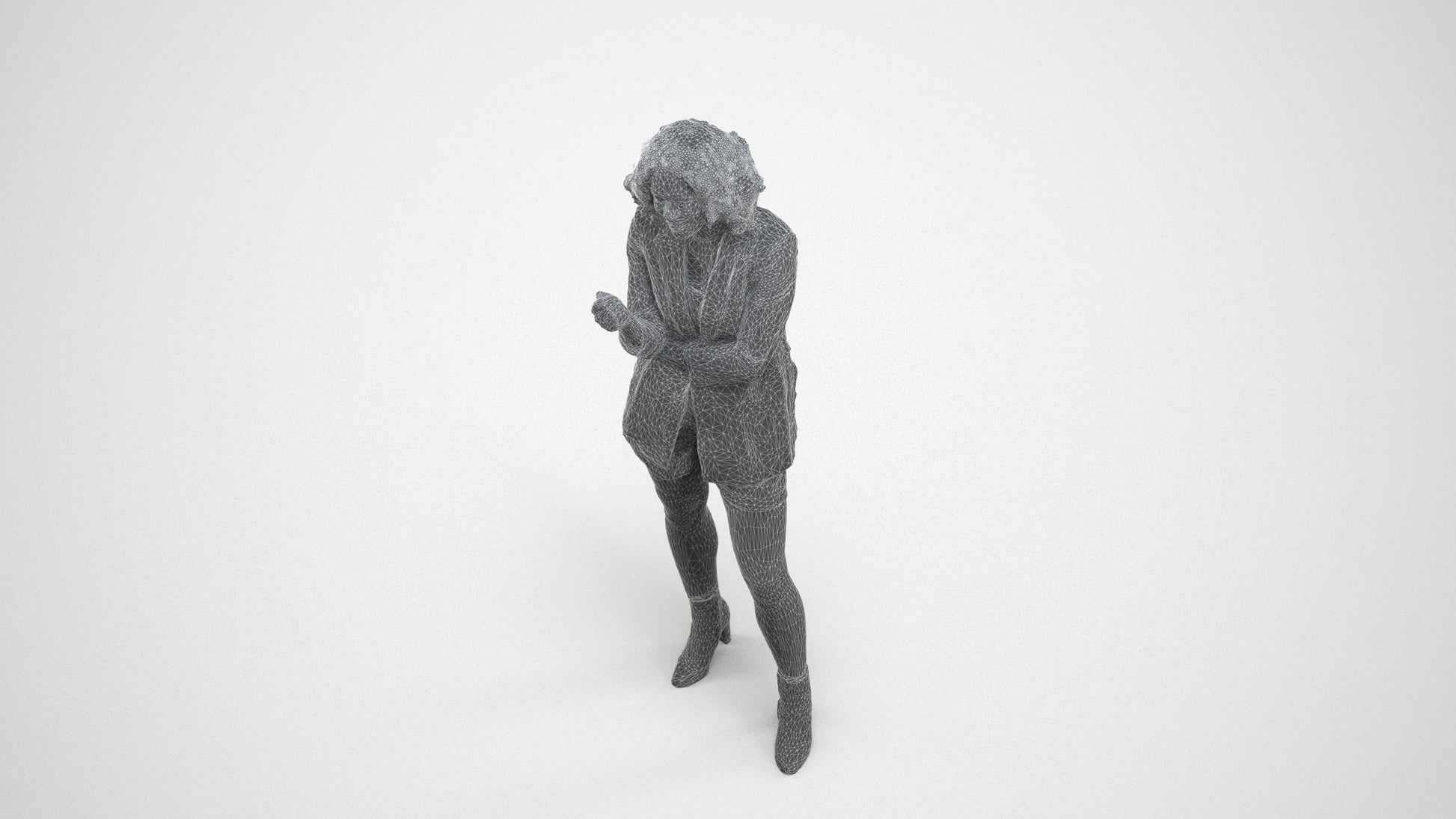 scanned 3D woman business standing, photogrammetry people for Enscape and V-Ray, wireframe three-quarter view