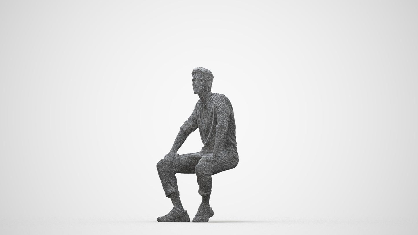 3D human model man casual sitting, photogrammetry scanned person for archviz, wireframe back view