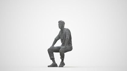 3D human model man casual sitting, photogrammetry scanned person for archviz, wireframe back view