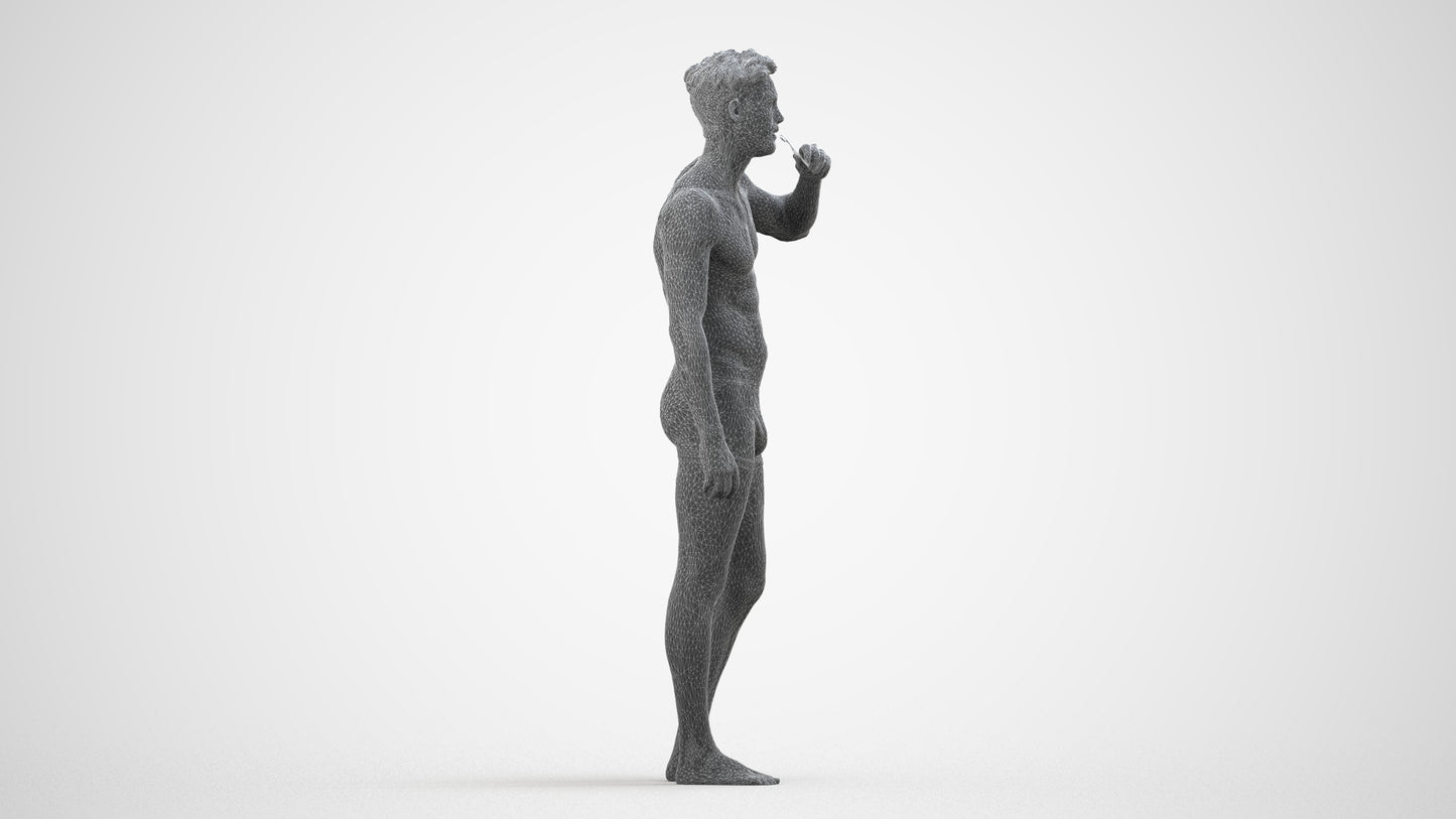 3D human model man bathroom, photogrammetry scanned person for archviz, wireframe side view
