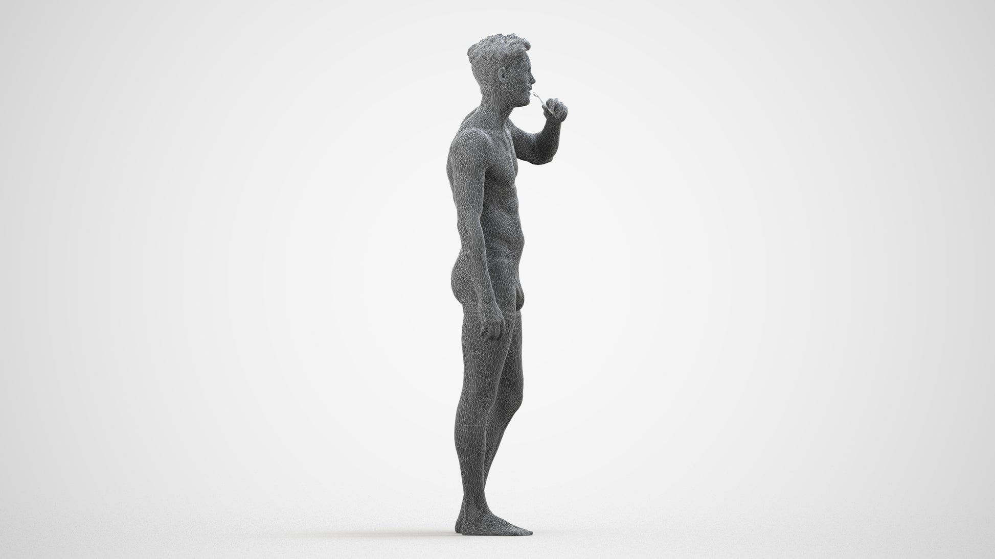 3D human model man bathroom, photogrammetry scanned person for archviz, wireframe side view