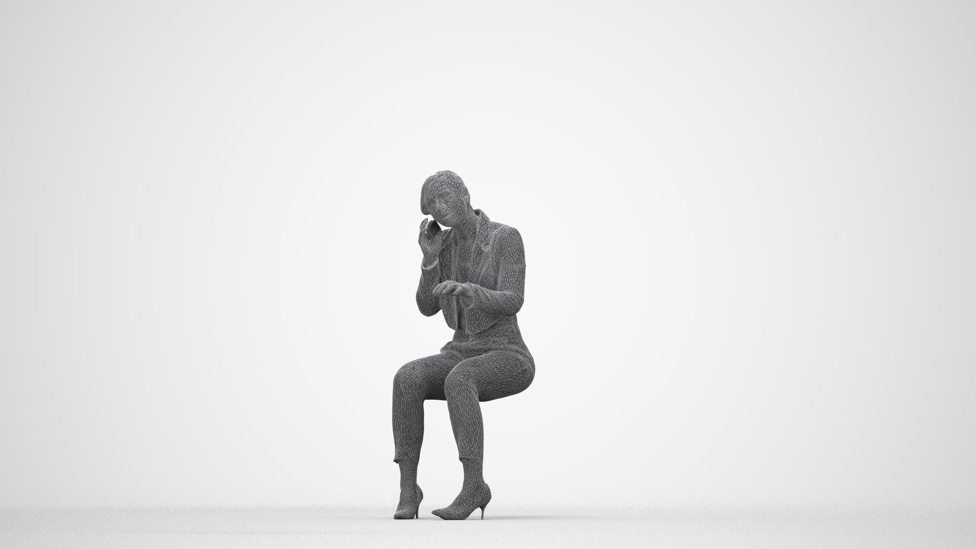 3D human model woman business, photogrammetry scanned person for archviz, wireframe back view