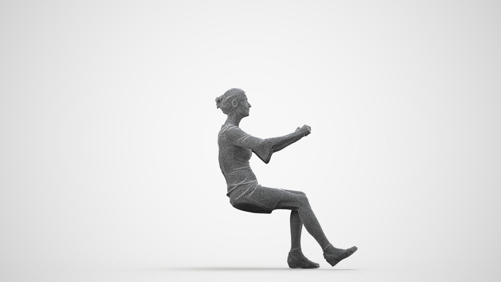 3D people model senior woman business sitting, scanned human for 3ds Max rendering, wireframe side view