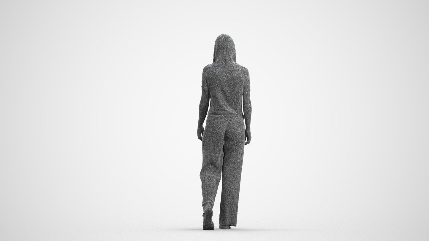 3D scanned woman walking casual, photorealistic archviz people for Enscape and SketchUp, wireframe front view