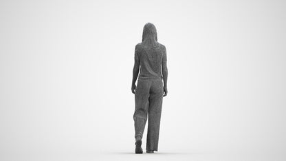 3D scanned woman walking casual, photorealistic archviz people for Enscape and SketchUp, wireframe front view