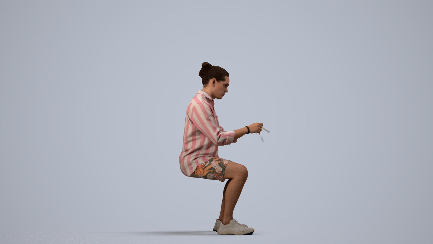 3D people model man casual sitting, scanned human for 3ds Max rendering, side view render
