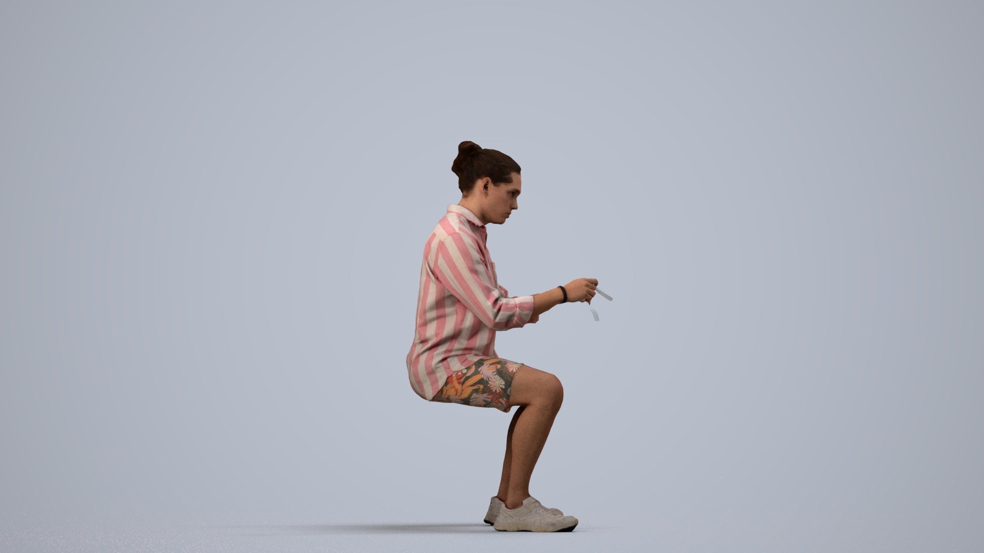 3D people model man casual sitting, scanned human for 3ds Max rendering, side view render