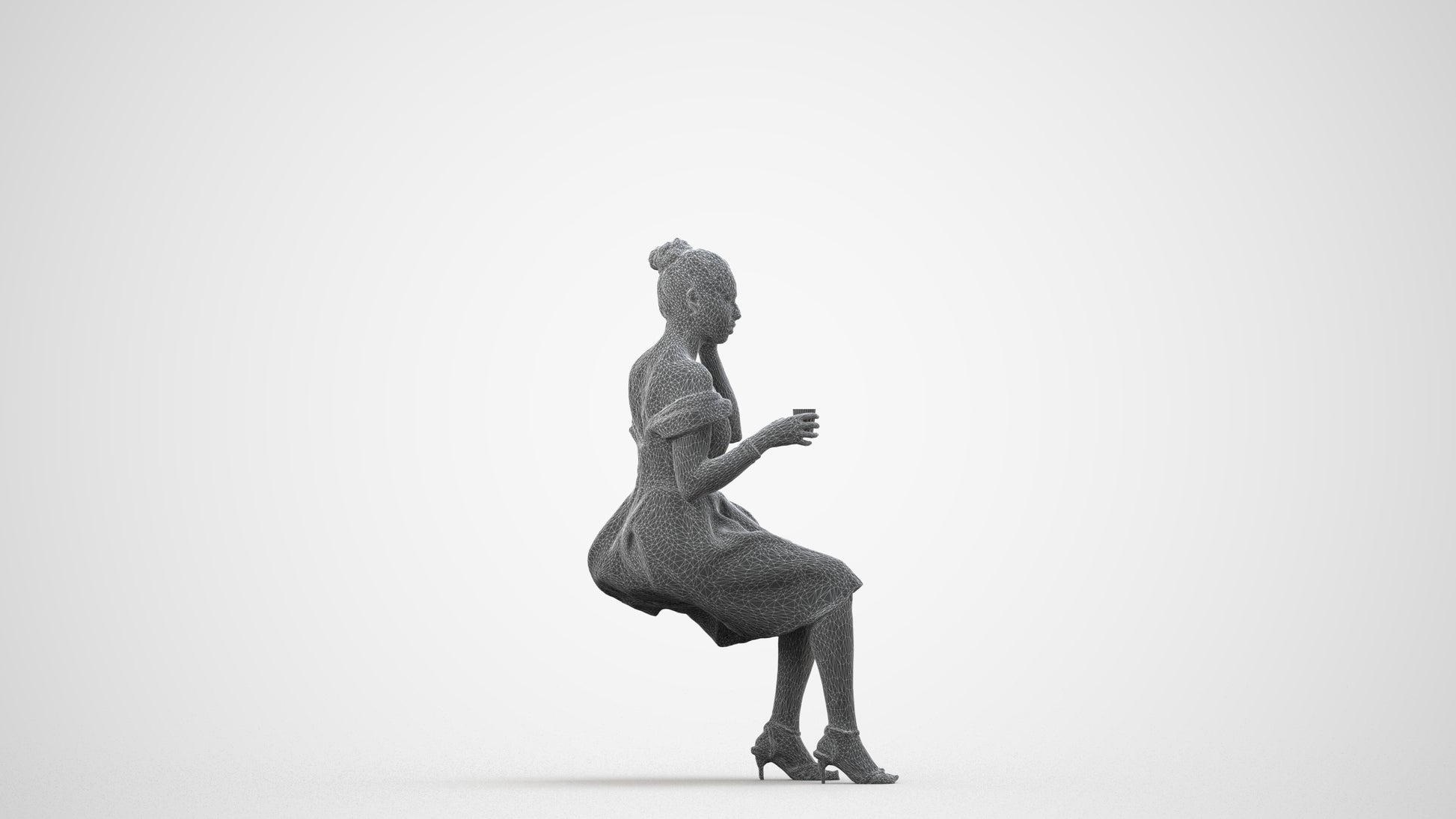 3D scanned woman formalaffairs formal, photorealistic archviz people for Enscape and SketchUp, wireframe side view