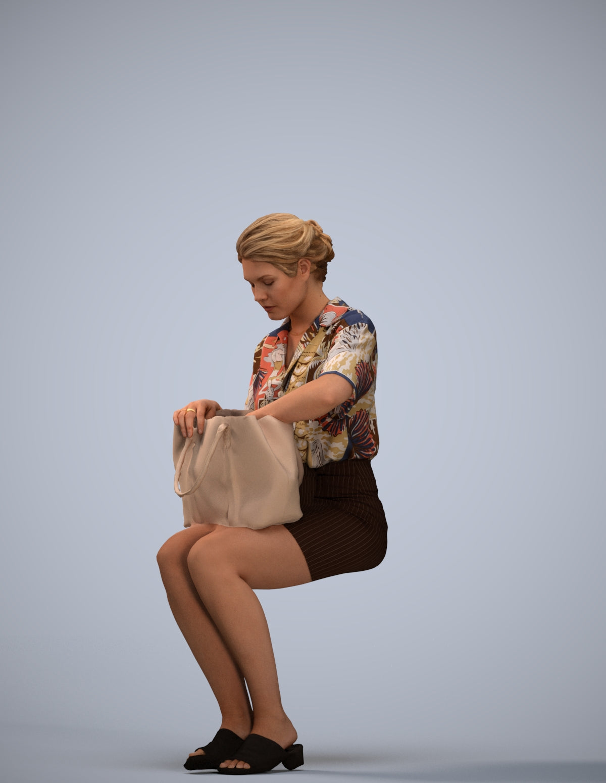 3D scanned woman sitting casual, photorealistic archviz people for Enscape and SketchUp