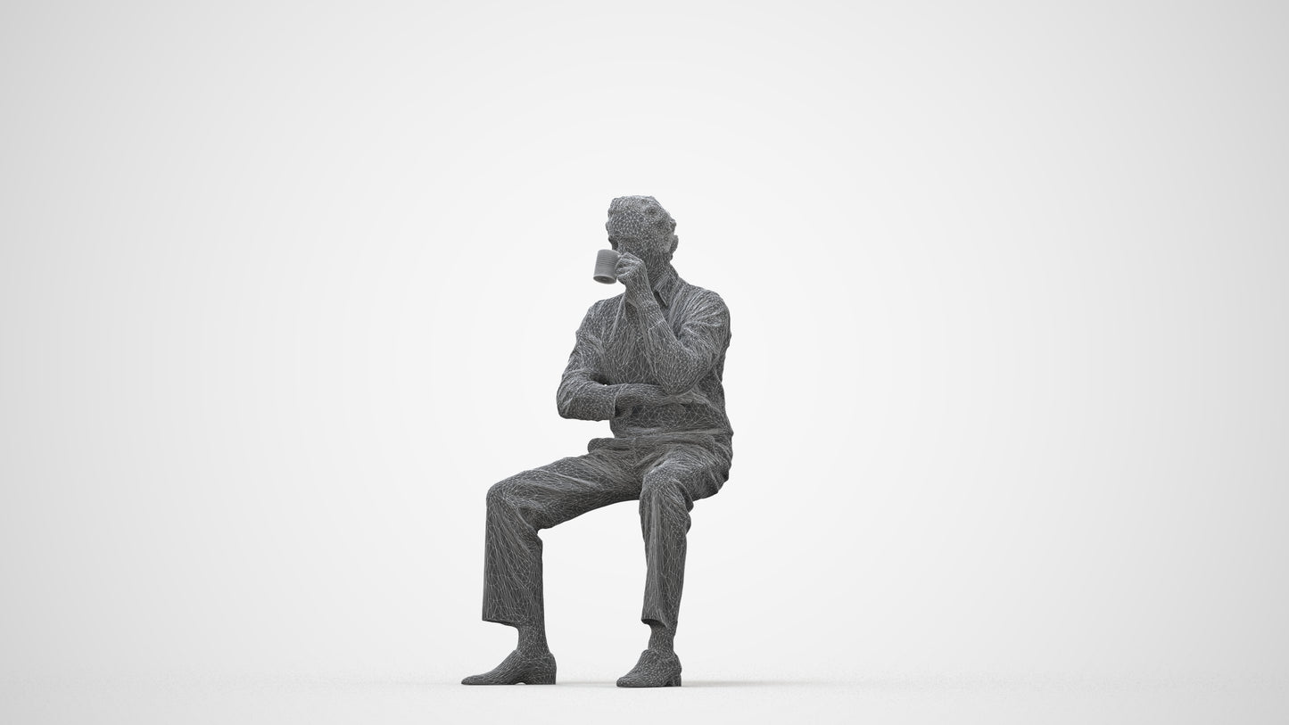 realistic 3D man business sitting, scanned archviz people for Blender and 3ds Max, wireframe back view