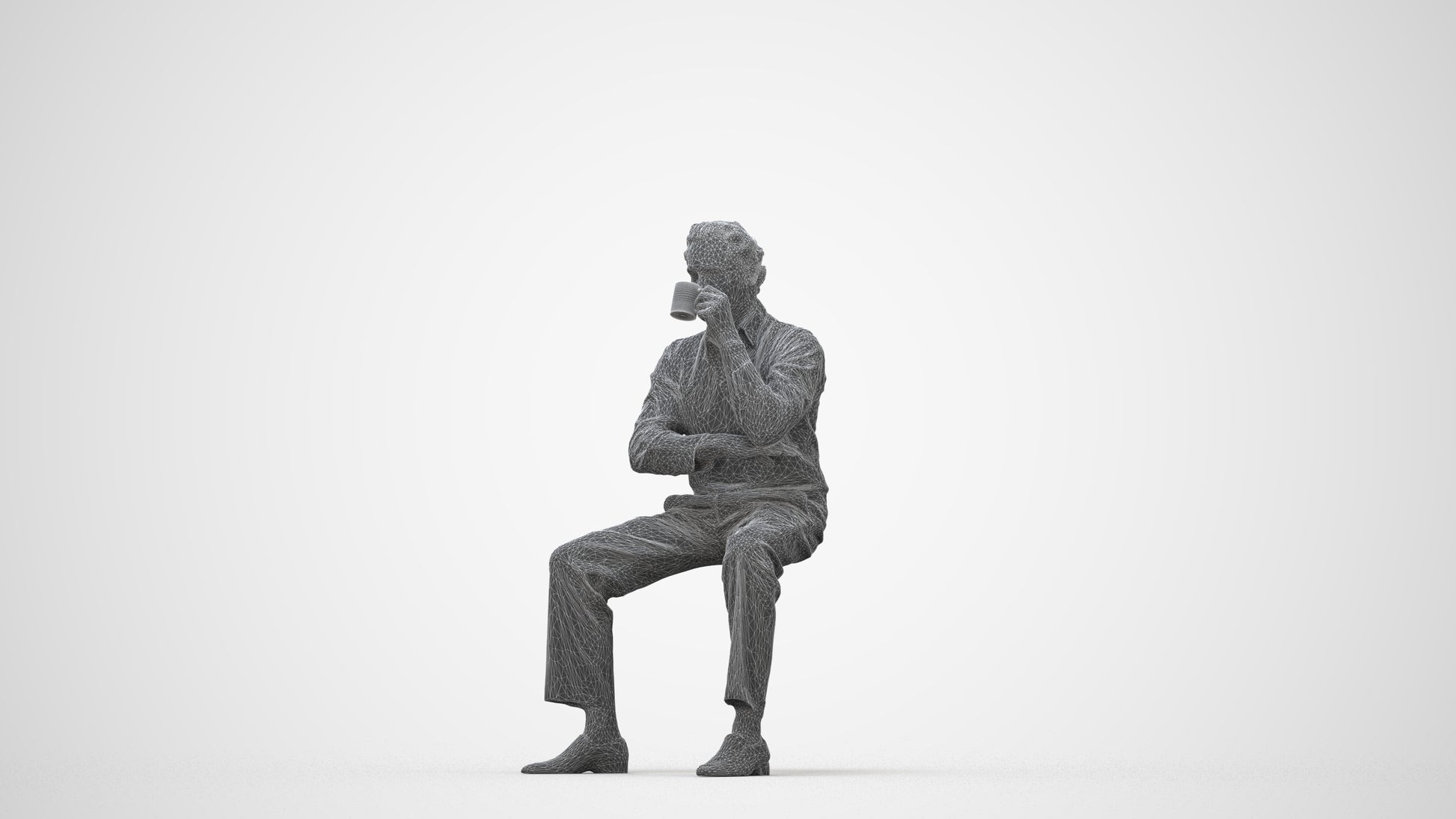 realistic 3D man business sitting, scanned archviz people for Blender and 3ds Max, wireframe back view