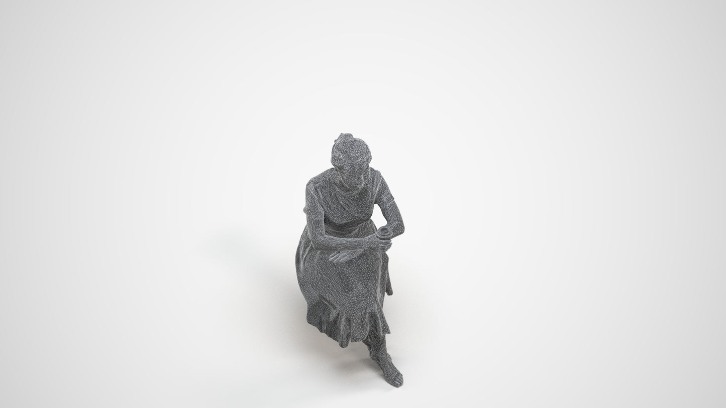 realistic 3D woman casual sitting, scanned archviz people for Blender and 3ds Max, wireframe three-quarter view
