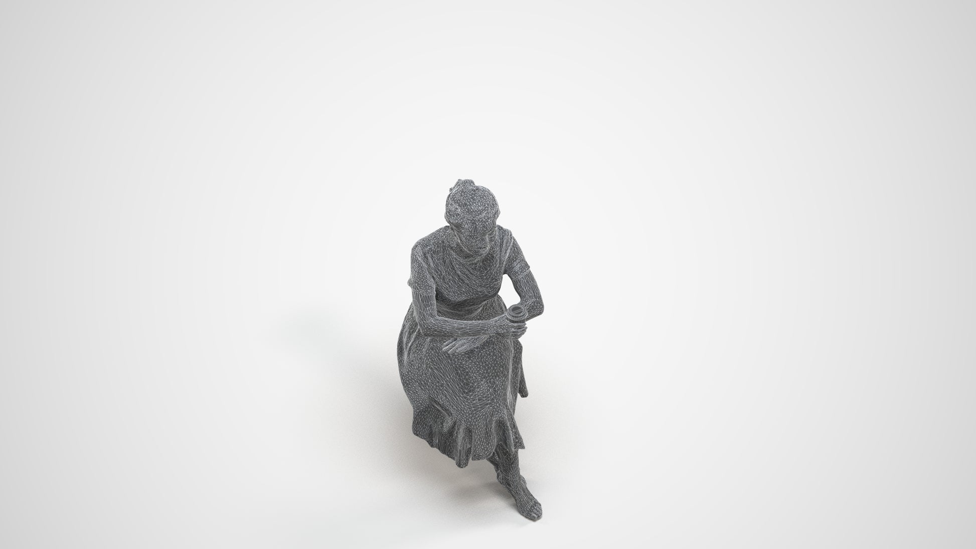 realistic 3D woman casual sitting, scanned archviz people for Blender and 3ds Max, wireframe three-quarter view