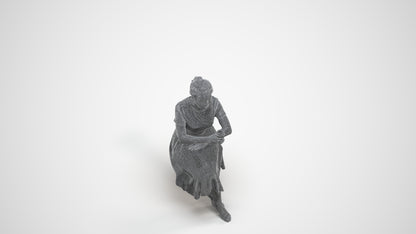 realistic 3D woman casual sitting, scanned archviz people for Blender and 3ds Max, wireframe three-quarter view