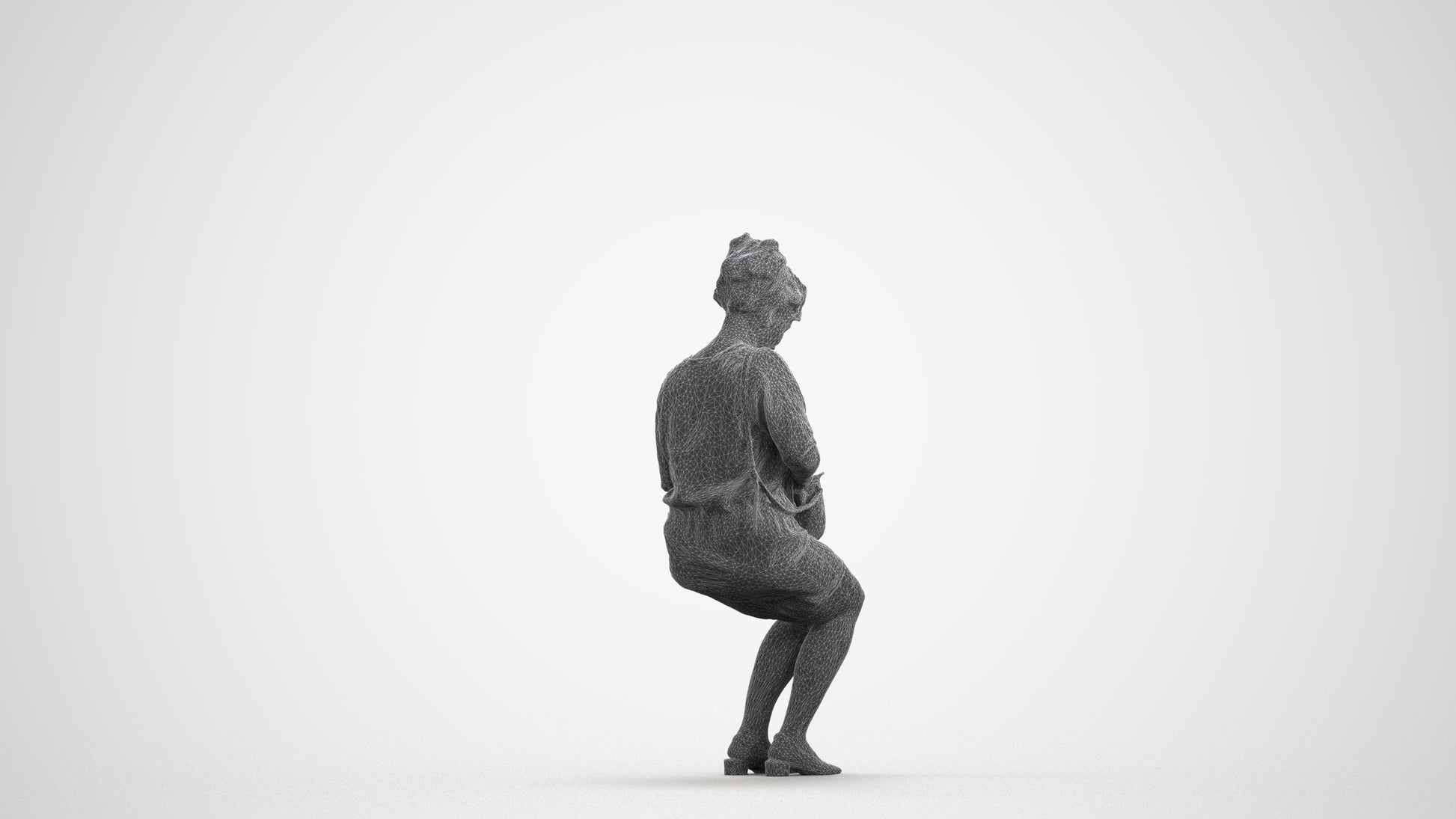 3D scanned woman sitting casual, photorealistic archviz people for Enscape and SketchUp, wireframe front view