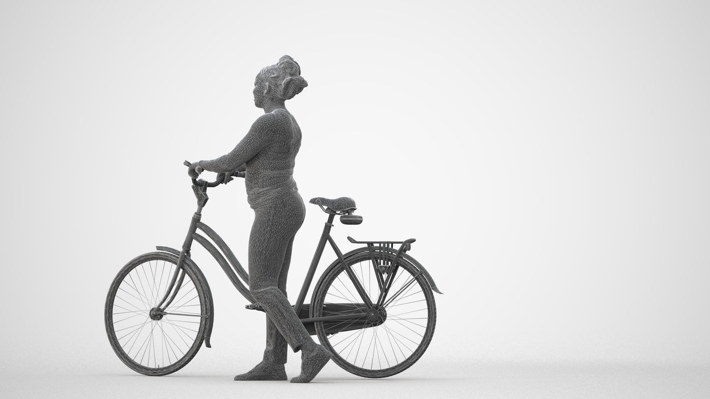 realistic 3D woman casual cycling, scanned archviz people for Blender and 3ds Max, square thumbnail