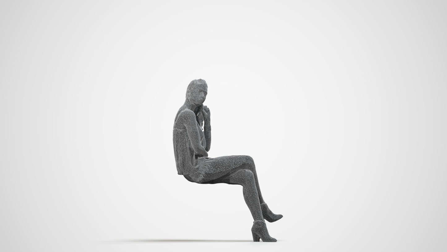 realistic 3D people girl casual sitting, render-ready for V-Ray and Corona, FBX OBJ, wireframe side view