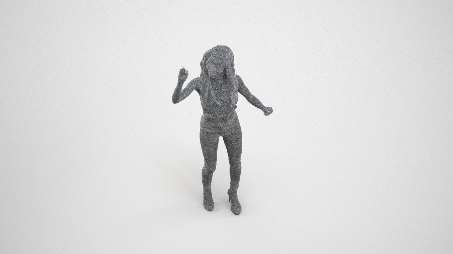3D human model woman casual standing, photogrammetry scanned person for archviz, wireframe three-quarter view