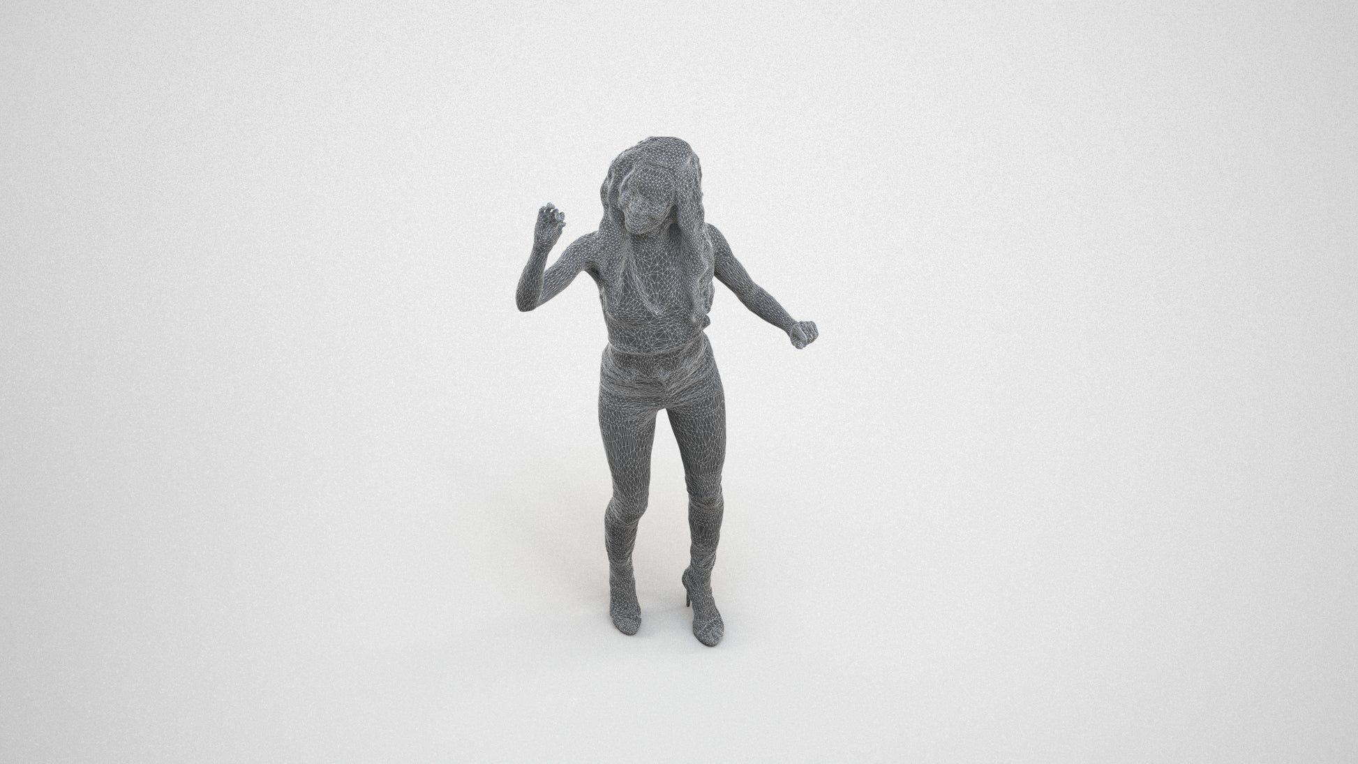 3D human model woman casual standing, photogrammetry scanned person for archviz, wireframe three-quarter view