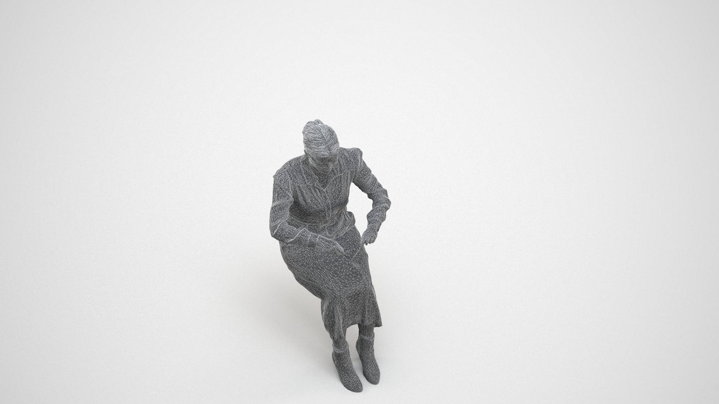 3D human model woman casual sitting, photogrammetry scanned person for archviz, wireframe three-quarter view