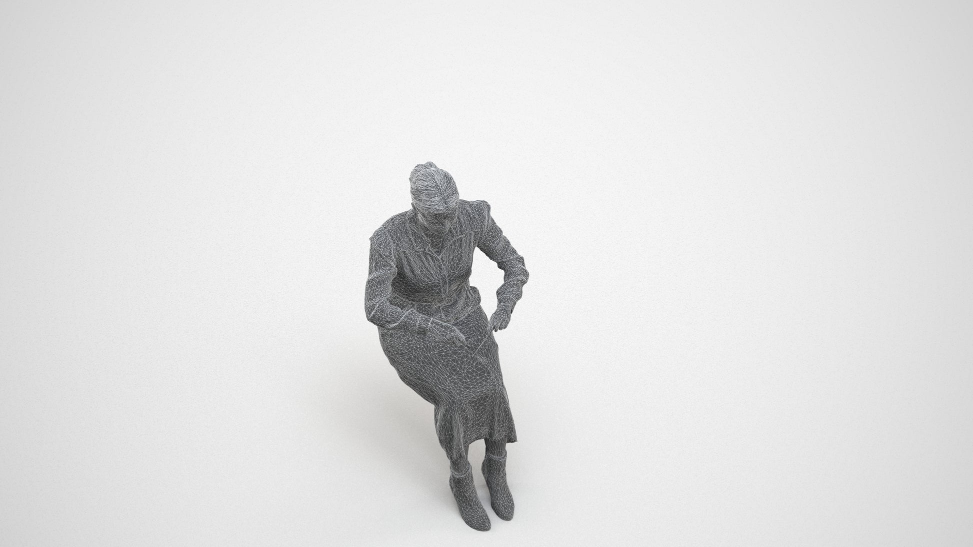 3D human model woman casual sitting, photogrammetry scanned person for archviz, wireframe three-quarter view