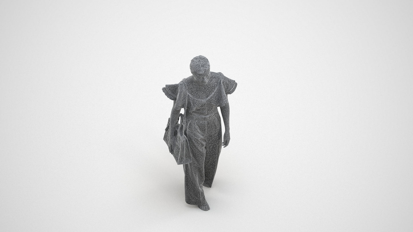 3D scanned woman walking business, photorealistic archviz people for Enscape and SketchUp, wireframe three-quarter view