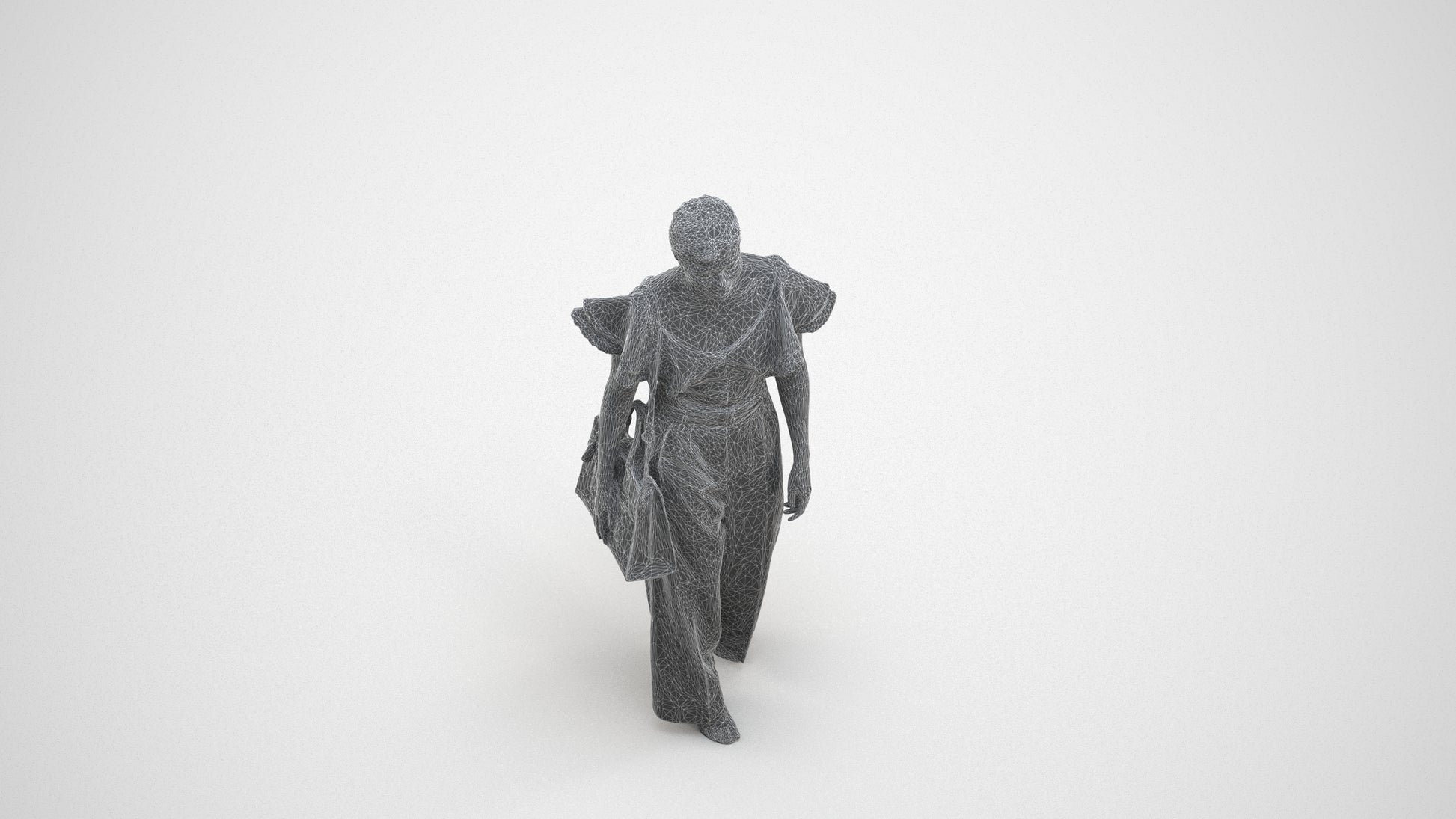 3D scanned woman walking business, photorealistic archviz people for Enscape and SketchUp, wireframe three-quarter view