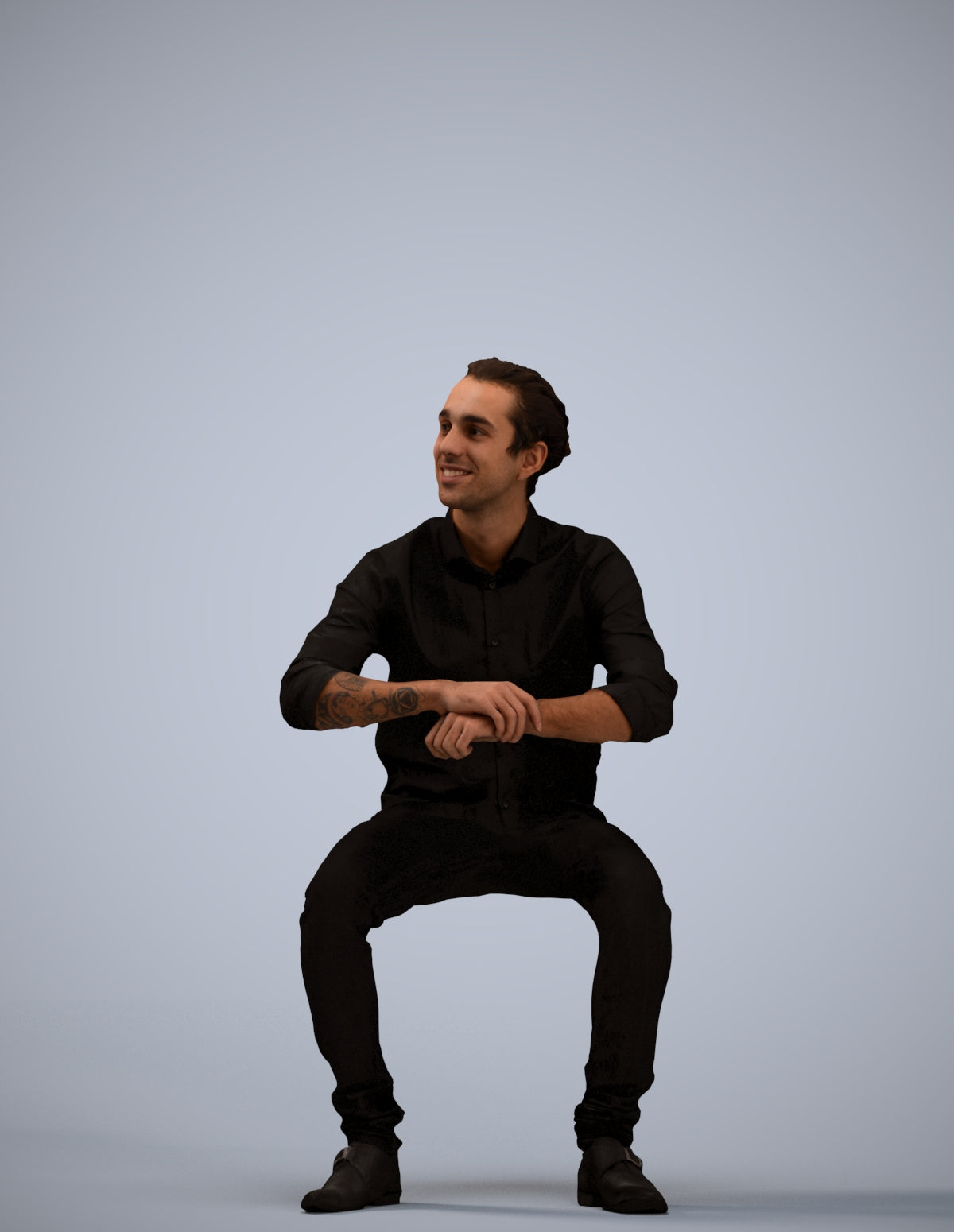 3D human model man casual sitting, photogrammetry scanned person for archviz